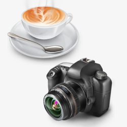 相机素材源文件卡通风格咖啡杯子和单反相机高清图片
