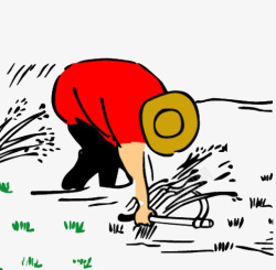 农民锄头穿红色上衣带黄色帽子的农民在田高清图片