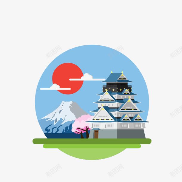 日本建筑画png免抠素材_88icon https://88icon.com 富士山 建筑 樱花 画图