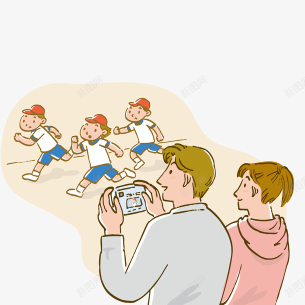 给孩子拍照的家长矢量图ai免抠素材_88icon https://88icon.com 人物设计 卡通 家长 拍照 拍照小人 比赛 矢量图 记录 跑步