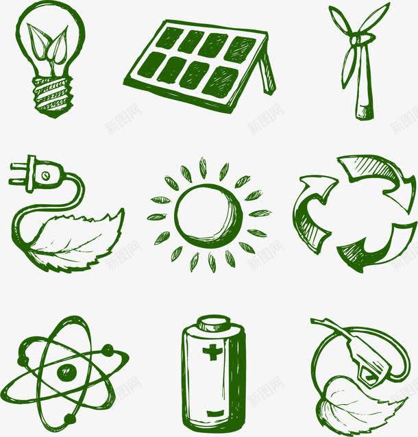 绿色手绘能源矢量图eps免抠素材_88icon https://88icon.com 可回收 太阳能 循环 手绘风 电池 矢量素材 绿色 能源 风力发电 矢量图