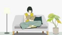 卡通手绘坐在沙发上看书的女素材