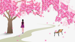 卡通花树卡通手绘樱花树下看风景的女高清图片
