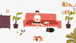 坐着的男孩卡通手绘室内和猫在沙发上坐高清图片