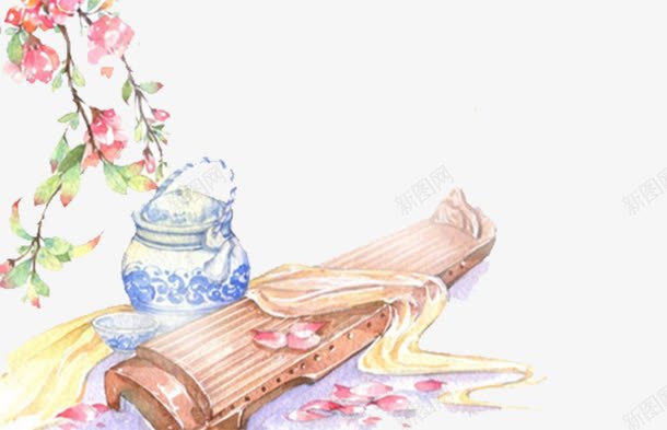 古琴和茶杯png免抠素材_88icon https://88icon.com 古琴 桃花 植物 茶杯