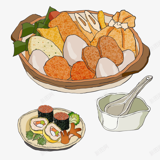 日本料理插画套餐插图png免抠素材_88icon https://88icon.com 关东煮 套餐插图 插画 日本料理 紫菜卷 饮食特色