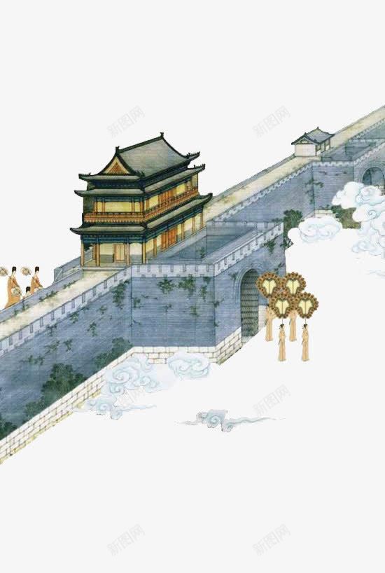 中国画png免抠素材_88icon https://88icon.com 云朵 古典城墙 工笔画 建筑 皇宫