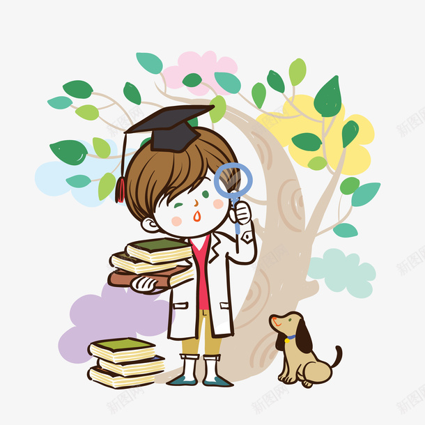 小清新风小博士矢量图ai免抠素材_88icon https://88icon.com 书籍 博士帽 宠物狗 小博士 小博士人物 小狗 放大镜 榕树 科学家 读书 矢量图