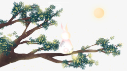 卡通手绘中秋节坐在树枝上赏素材