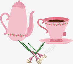 粉红色卡通茶具矢量图素材