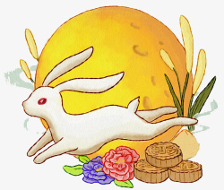 手绘卡通中秋节主题中秋月兔奔月素材