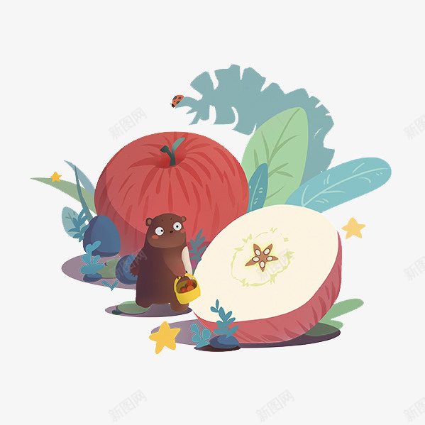 一个小仓鼠看到一个切开的苹果png免抠素材_88icon https://88icon.com 仓鼠 卡通 手绘 星星 篮子 红色 绿草 苹果