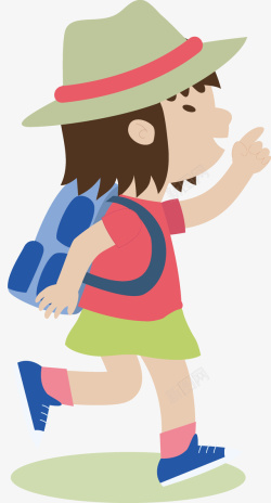 手绘上学路上戴帽子的小女孩矢量图素材