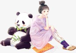 女孩与熊猫熊猫吃竹子卡通女孩高清图片