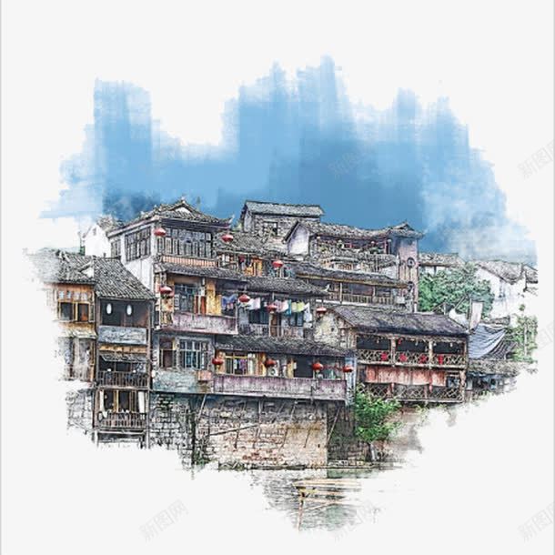 手绘古寨民居风景png免抠素材_88icon https://88icon.com 古寨 手绘插画 民居 灯笼 风景