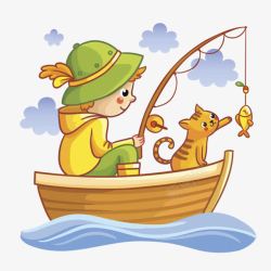 卡通手绘猫男孩船上钓鱼素材