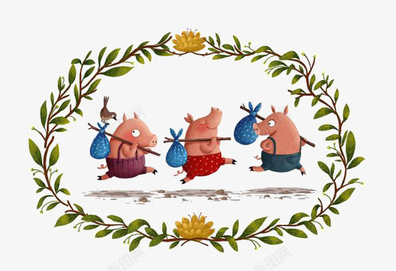 三只小猪png免抠素材_88icon https://88icon.com 儿童插画 动物 卡通 小猪 拟人 植物 童话 花环