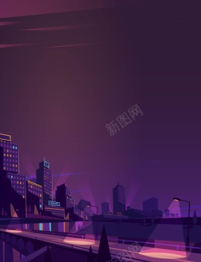 矢量紫色扁平化夜景城市背景背景