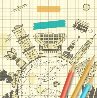 手绘矢量旅游香港景点铅笔地球地图海报背景背景