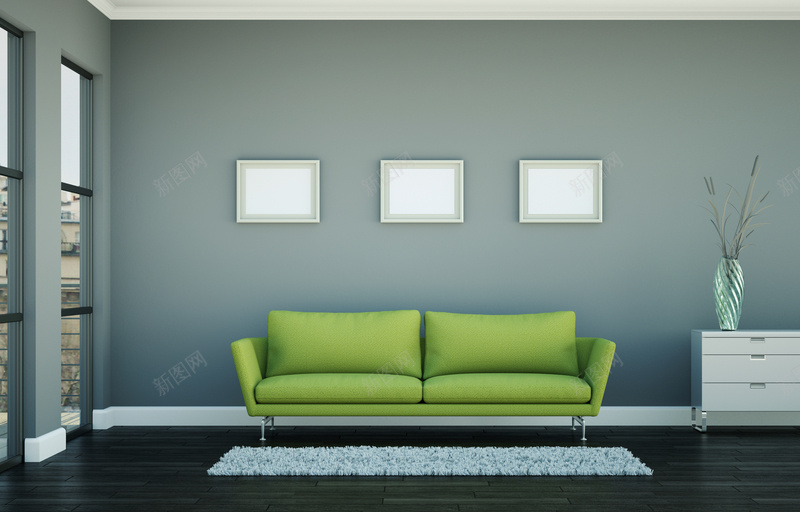 室内装饰简洁沙发jpg设计背景_88icon https://88icon.com 创意沙发 地板 墙面 室内 布艺 灰色 相框 绿色 装饰 靠背