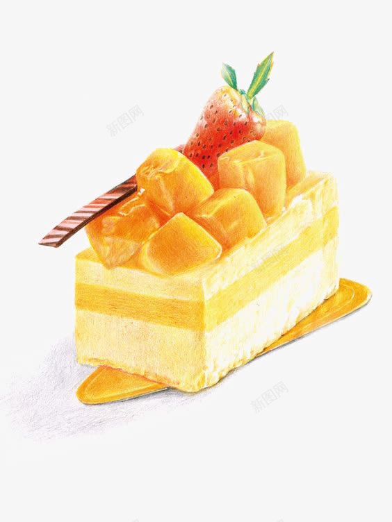 手绘水果蛋糕png免抠素材_88icon https://88icon.com 甜食 芒果 草莓 蛋糕 黄色