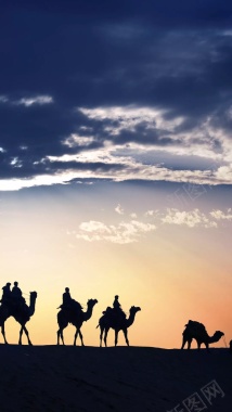 夕阳沙漠骆驼剪影H5背景背景