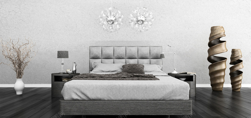 在卧室里摆放的大床等jpg设计背景_88icon https://88icon.com 卧室 大床 工艺品 干枝 海报banner 灰色装潢