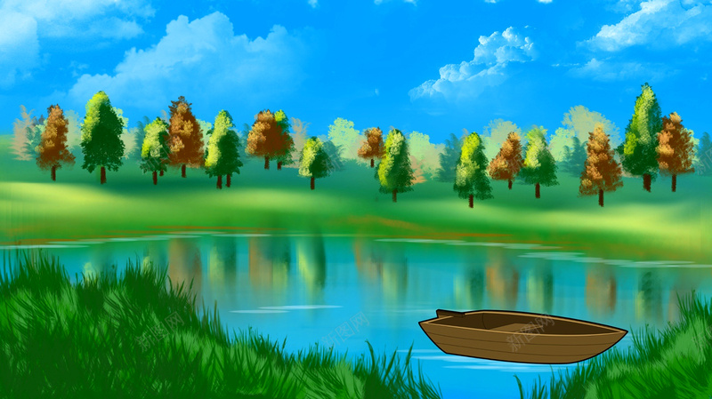 漂亮的湖泊景观绘画背景jpg设计背景_88icon https://88icon.com 卡通 图稿 夏天 天空 岛 手绘 数字艺术 旅行 景观 水 河 湖 童趣 绿色 美丽 自然 船 蓝色