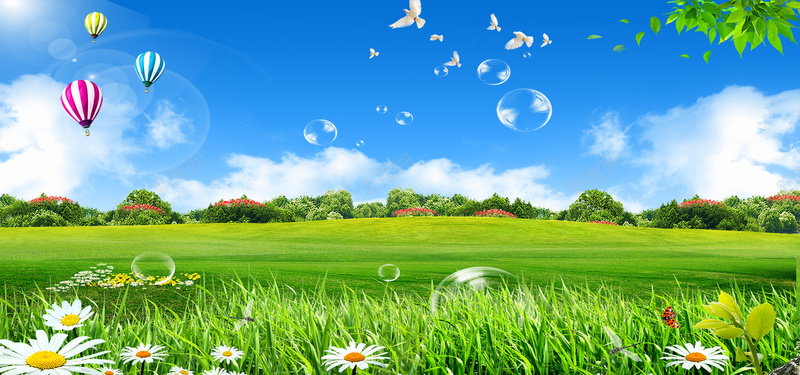 绿色郊外生态风光背景psd设计背景_88icon https://88icon.com 幸运鸽 泡泡 清新背景 热气球 绿色 绿色郊外 草地 草木 蓝天 鲜花