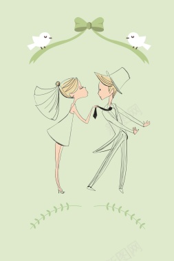 简约卡通手绘清新淡绿婚礼婚庆海报背景