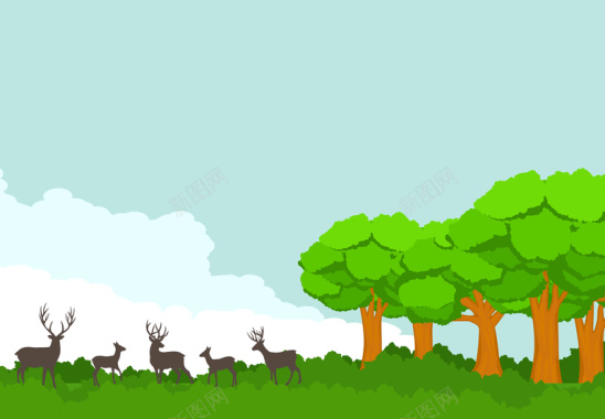 动物小鹿绿色森林海报背景矢量图背景
