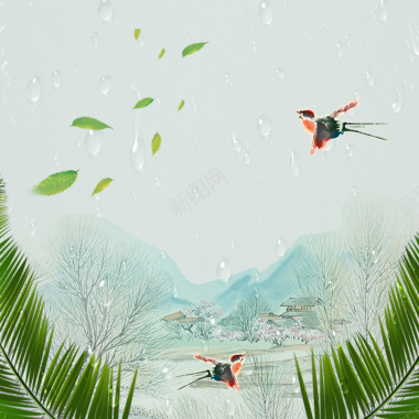 绿色清新燕子绿叶飘散树叶边框雨中水彩风景背景