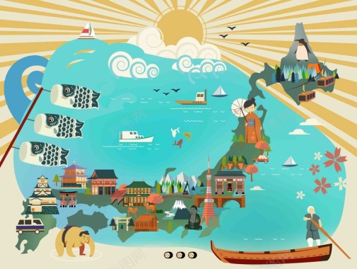 手绘矢量旅游日本景点北海道鲤鱼旗海报背背景