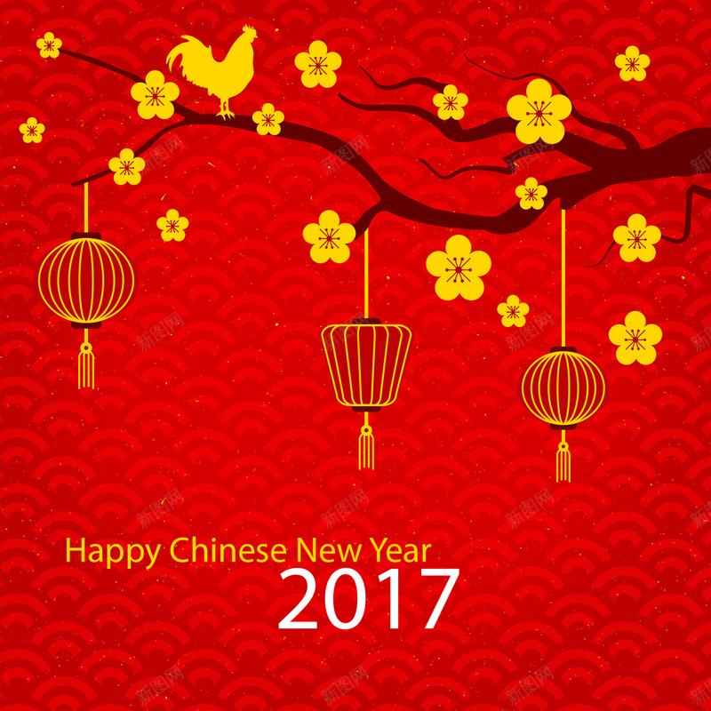 中式红色卡通新年背景矢量图ai设计背景_88icon https://88icon.com 2017新年快乐 中国新年 中式卡通 中式底纹 喜庆 新年 新年背景 梅花 灯笼 金花 矢量图