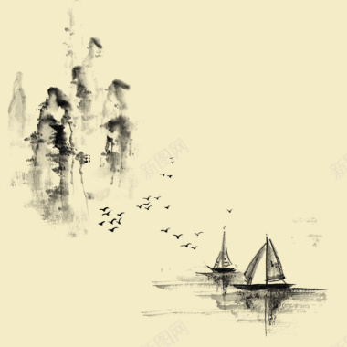 中国风山水画海雁高山船只淡黄色淡雅背景图背景