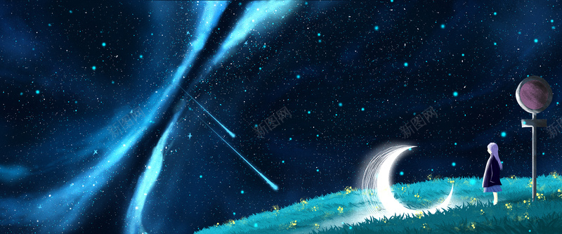 银河与月光插画bannerpsd设计背景_88icon https://88icon.com 月亮 月光 梦境 梦境梦幻 梦幻 治愈系 海报清新 矢量素材 路牌路标背景自然 银河 风景