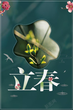 立春深绿色创意清新桃花节气海报海报