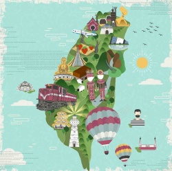 阿里山手绘矢量旅游台湾景点地图热气球海报背景高清图片