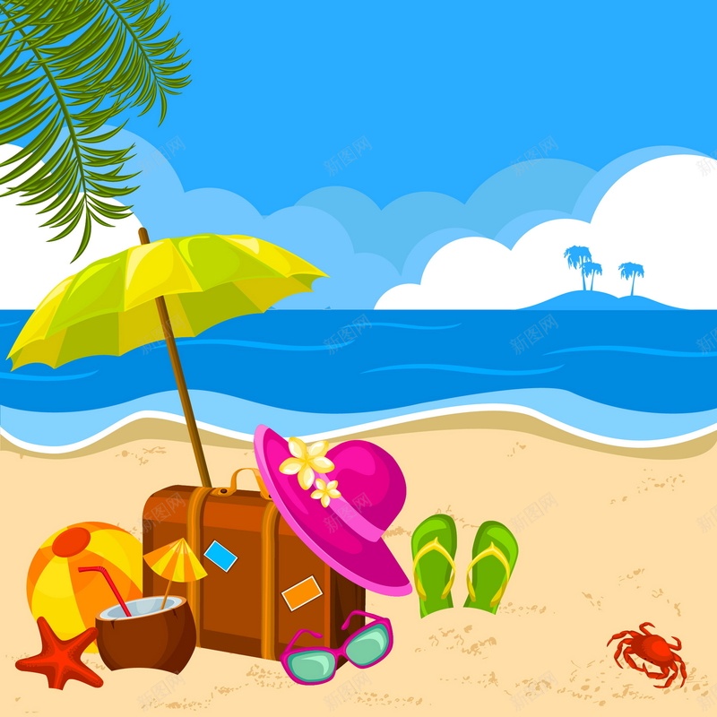 沙滩海滩矢量图ai设计背景_88icon https://88icon.com 卡通 夏天 大海 手绘 拖鞋 椰树 沙滩 海滩 童趣 蓝色 矢量图