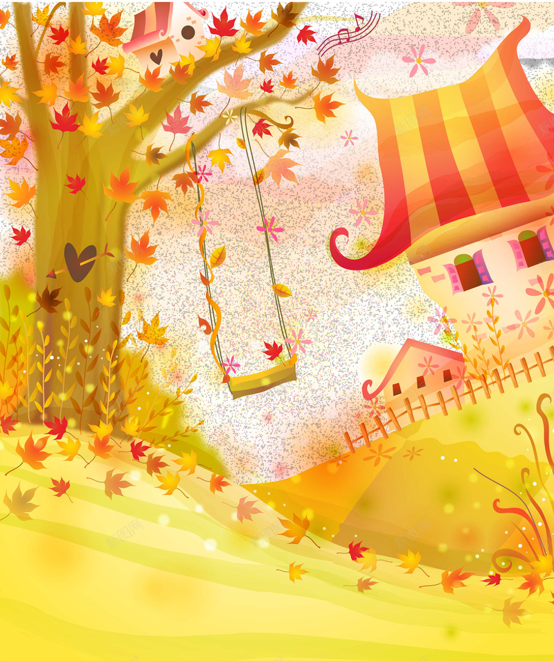 唯美秋天卡通手绘插画背景矢量图ai设计背景_88icon https://88icon.com PPT 作文背景 儿童插画 卡通 底纹背景 底纹边框 房屋 手绘 矢量图 秋千 秋天 童趣 金色