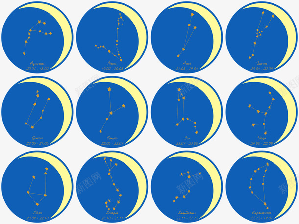 不同星座的星星图形矢量图ai免抠素材_88icon https://88icon.com 星座 星座PNG 星座图形 月亮 矢量星座 蓝色星空 矢量图