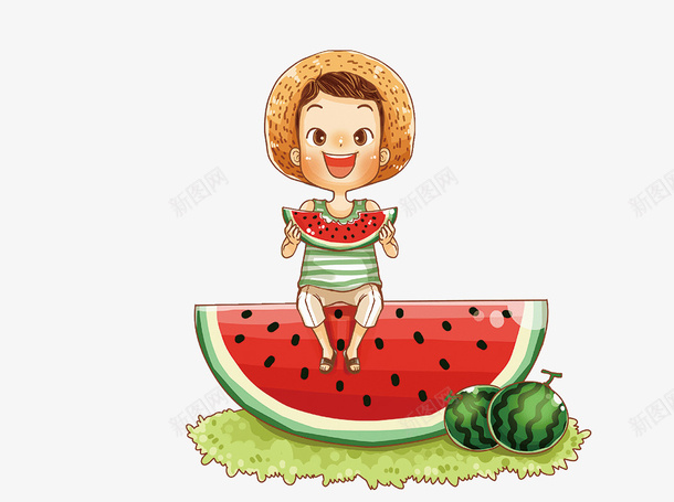 吃西瓜的小男孩png免抠素材_88icon https://88icon.com 健康 创意 卡通 彩色 水果 男孩 维生素 营养 西瓜