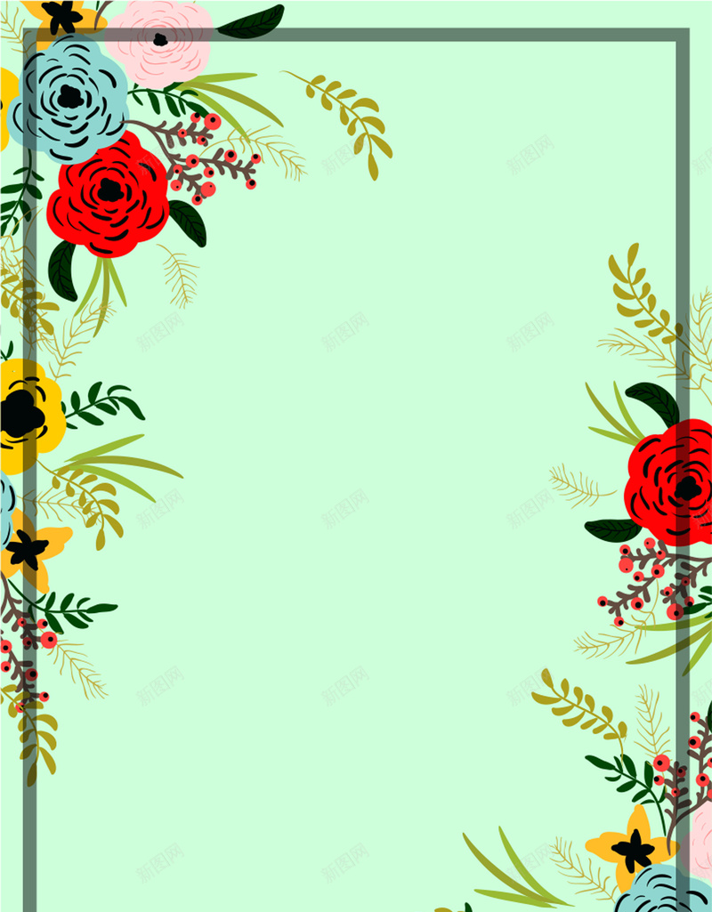 手绘小清新花朵边框卡片背景矢量图ai设计背景_88icon https://88icon.com 典礼 卡片 喜帖 婚礼卡 手绘 手绘花朵 结婚卡 花纹 装饰花纹 请帖 请柬 青色 青色背景 矢量图