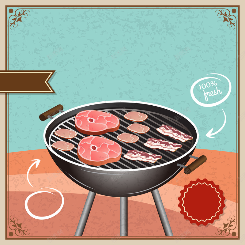 矢量复古烧烤派对海报eps设计背景_88icon https://88icon.com 丸子 复古 开心 烤肉 蓝色背景 铁架 锅 鱼 矢量图