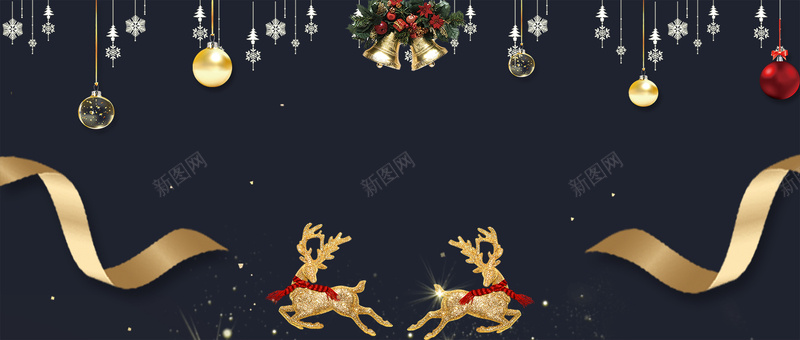 圣诞节麋鹿卡通丝带黑金banner背景