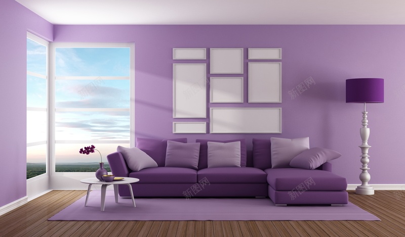 紫色壁纸家装效果jpg设计背景_88icon https://88icon.com 地毯 墙壁 家具 家装 抱枕 插花 桌子 沙发 灯具 照片墙 玻璃窗 窗户 紫色 花瓶 茶几 落地
