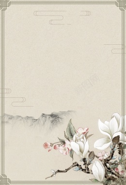 水墨灰色古代风白色花朵山粉色延绵广告背景背景