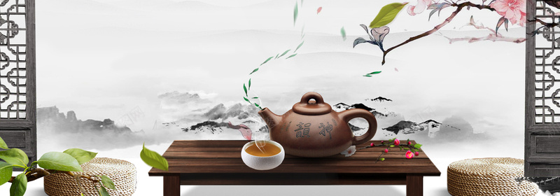 茶道中国风茶具文艺灰色banner背景