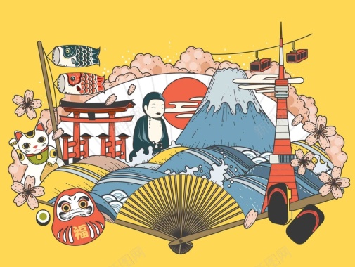 手绘矢量旅游日本景点奈良大佛招财猫海报背景