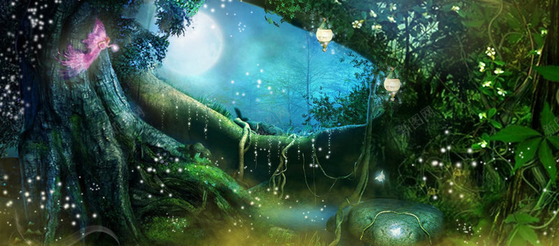 森林浪漫梦幻绿色淘宝海报背景psd设计背景_88icon https://88icon.com 化妆品 卡通 原始森林 奇幻 女装 家居 家纺 床品 护肤品 春季促销 春装 睡衣 精灵 萤火虫